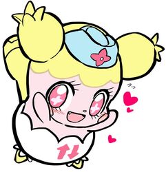  anthro blonde_hair blush blush_stickers clothed clothing cocotama cute_fangs eyelashes featureless_limbs female hair hat headgear headwear heart_symbol himitsu_no_cocotama hotney_(cocotama) mammal nurse_clothing nurse_hat nurse_headwear open_mouth pink_eyes simple_background solo wakasumire white_background 