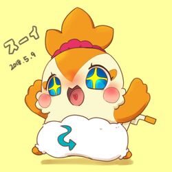  1:1 2018 anthro avian blue_eyes blush blush_stickers character_name clothed clothing cocotama feathers female heart_symbol himitsu_no_cocotama japanese_text open_mouth open_smile orange_body orange_feathers sakaeguchi_okarina semi-anthro signature simple_background smile solo star_eyes suei_(cocotama) text tongue yellow_background 