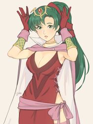  breasts commentary cosplay dress earrings female fire_emblem fire_emblem:_mystery_of_the_emblem fire_emblem:_the_blazing_blade fire_emblem_awakening fire_emblem_heroes green_eyes green_hair hair_ribbon high_ponytail highres jewelry jivke long_hair lyn_(fire_emblem) pelvic_curtain ponytail ribbon tiki_(adult)_(fire_emblem) tiki_(adult)_(fire_emblem)_(cosplay) tiki_(fire_emblem) tiki_(fire_emblem)_(cosplay) 