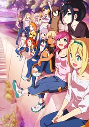  147 6+girls arms_up blonde_hair blue_eyes character_request closed_eyes commentary_request crown green_eyes hairband hat headband highres hirome_nishiko idolmaster idolmaster_(classic) idolmaster_movie inazuma_eleven_(series) inazuma_eleven_go jacket mini_crown multiple_girls nakame_shiori open_mouth outdoors pants parody pink_hair raimon road sitting standing street track_jacket track_pants track_suit tree 