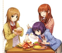  3girls ahoge blue_jacket blush bow bowl bowtie brown_hair brown_skirt checkered_bow checkered_bowtie checkered_clothes chopsticks closed_eyes collared_shirt food food_request highres holding holding_bowl holding_chopsticks hood hooded_jacket jacket kawai_makoto koufuku_graffiti leaning_forward long_sleeves machiko_ryou morino_kirin multiple_girls open_clothes open_jacket open_mouth pink_sweater pleated_skirt purple_eyes purple_hair red_bow red_bowtie sandwich shiina_(koufuku_graffiti) shirt simple_background skirt standing sweatdrop sweater table v-shaped_eyebrows white_background wing_collar yellow_jacket 