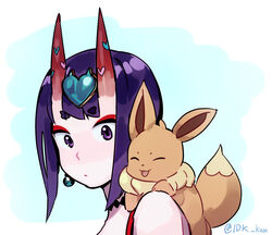  :d bangs blue_background closed_eyes closed_mouth commentary_request creatures_(company) crossover earrings eevee eyebrows_visible_through_hair eyeshadow facing_viewer fate/grand_order fate_(series) female from_side game_freak gen_1_pokemon horns idk-kun jewelry makeup nintendo oni open_mouth pokemon pokemon_(creature) purple_eyes purple_hair seiyuu_connection short_eyebrows short_hair shuten_douji_(fate/grand_order) smile thick_eyebrows twitter_username yuuki_aoi 