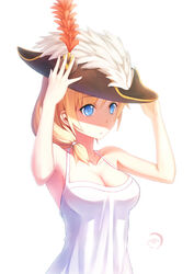  adjusting_clothes adjusting_headwear arms_up bare_arms bare_shoulders blonde_hair blue_eyes breasts chinese_commentary cleavage commentary_request dress female hair_over_shoulder hat large_breasts no_bra photoshop_(medium) rodney_(warship_girls_r) sleeveless sleeveless_dress solo upper_body warship_girls_r white_dress xiaoyin_li 