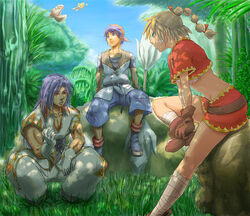  2boys 2girls blonde_hair breasts chrono_cross commentary_request dinosaur groin high_ponytail imomushi_(ioment) jewelry karsh_(chrono_cross) kid_(chrono_cross) leah_(chrono_cross) long_hair midriff multi-tied_hair multiple_boys multiple_girls necklace partial_commentary ponytail serge_(chrono_cross) short_hair 