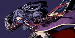  absurdres action ao_no_kiseki armor black_thighhighs blue_gloves boots commentary_request cowboy_shot dress eiyuu_densetsu female fingerless_gloves gauntlets gloves hair_ribbon highres holding holding_sword holding_weapon huge_weapon jpeg_artifacts linxi long_hair no_panties one_side_up purple_eyes purple_hair ribbon rixia_mao side_slit simple_background solo sword thighhighs two-handed_sword warrior weapon white_background 