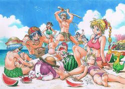  5boys 5girls barefoot blonde_hair breasts chrono_cross cleavage commentary_request food fruit funtarunta glenn_(chrono_cross) jewelry karsh_(chrono_cross) kid_(chrono_cross) komodo_pup korcha_(chrono_cross) large_breasts leena_(chrono_cross) long_hair marcy_(chrono_cross) marker_(medium) midriff millipen_(medium) multi-tied_hair multiple_boys multiple_girls navel necklace photoshop_(medium) pip_(chrono_cross) ponytail poshul_(chrono_cross) razzly_(chrono_cross) riddel_(chrono_cross) serge_(chrono_cross) short_hair small_breasts suikawari swimsuit traditional_media van_(chrono_cross) watermelon 