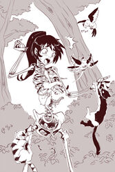  bird bird_nest black_hair bone bush climbing commentary_request egg feline female flying forest gammatelier monochrome monster_girl nature original ponytail ribs skeleton surprised tree 