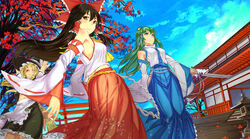  3girls architecture arm_over_head armpits ascot bare_shoulders black_dress blonde_hair blue_eyes blue_skirt bow breasts brown_hair checkered_floor commentary day detached_sleeves dress east_asian_architecture frog_hair_ornament gohei green_hair hair_between_eyes hair_ornament hair_ribbon hair_tubes hairbow hakama hakama_skirt hakurei_reimu hat japanese_clothes kirisame_marisa kochiya_sanae long_hair long_skirt looking_at_viewer looking_away medium_breasts miko multiple_girls one_eye_closed outdoors puffy_short_sleeves puffy_sleeves red_eyes red_hakama red_skirt ribbon shinto shirt short_sleeves shrine skirt sleeves_past_wrists small_breasts snake_hair_ornament stone_lantern sw_(2311550438) symbol-only_commentary torii touhou turtleneck very_long_hair wide_sleeves witch_hat 