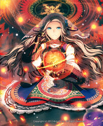  :| bad_id bad_pixiv_id blue_eyes brown_gloves closed_mouth commentary_request company_name dated dress female floral_print flower gloves hair_flower hair_ornament hand_up indoors kyousin light_brown_hair long_hair long_sleeves looking_at_viewer lord_of_knights official_art orb photoshop_(medium) potion solo veil very_long_hair watermark wide_sleeves 