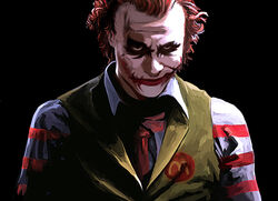  1boy bad_id bad_pixiv_id batman_(series) black_background commentary_request cosplay dc_comics heath_ledger joker_(dc) kawanakajima male_focus mcdonald&#039;s parody photoshop_(medium) red_hair revision ronald_mcdonald ronald_mcdonald_(cosplay) solo striped the_dark_knight upper_body 