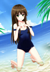  brown_hair commentary_request female green_eyes itachi_kanade kneeling long_hair one-piece_swimsuit original outdoors school_swimsuit solo strap_slip swimsuit 