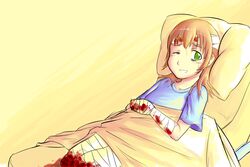  amputee bandaged_arm bandaged_head bandaged_leg bandages bed bleeding blonde_hair blood blue_shirt breasts cyzir_visheen double_amputee false_smile female green_eyes ibarazaki_emi injury katawa_shoujo looking_at_viewer lying on_back one_eye_closed orange_hair shirt small_breasts smile solo sweat sweatdrop under_covers visible_ears wince 