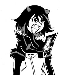  angry bad_id breasts crossover devilman fangs female greyscale kill_la_kill matoi_ryuuko medium_breasts monochrome nagai_gou_(style) open_mouth parody retro_artstyle senketsu solo style_parody suspenders tanaka_keiichi underboob 