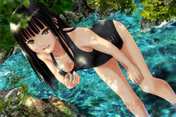  ano_hito bad_id bad_pixiv_id black_hair breasts brown_hair commentary female highres leaning_forward long_hair looking_at_viewer one-piece_swimsuit original outdoors school_swimsuit smile swimsuit teasing wading 