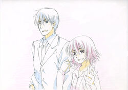  1boy colored_pencil_(medium) commentary_request female formal locked_arms monochrome necktie nonaka_haru photoshop_(medium) sey short_hair traditional_media uozumi_rikuo yesterday_wo_utatte 