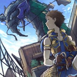  armor black_hair bodysuit brown_hair day gloves highres male_focus monster rex_(xenoblade_2) seiryuu_(xenoblade) shimo_(s_kaminaka) short_hair sky smile xenoblade_(series) xenoblade_2 yellow_eyes 