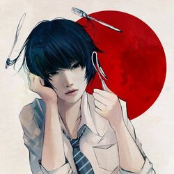  bad_id bad_pixiv_id bent_spoon black_eyes black_hair breast_pocket collared_shirt commentary dress_shirt expressionless female floating fork head_rest head_tilt holding holding_spoon knife lips long_sleeves looking_at_viewer moon nose original parted_lips pocket red_moon shirt short_hair simple_background sleeves_rolled_up solo spoon wataboku white_background white_shirt wing_collar 