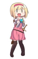  :d armor belt blonde_hair blush boots commentary_request djeeta_(granblue_fantasy) dress female fighter_(granblue_fantasy) gauntlets granblue_fantasy hairband holding miyako_hito open_mouth pink_dress pink_hairband potion sheath sheathed short_hair short_sleeves simple_background smile solo sword thigh_boots thighhighs weapon white_background |_| 