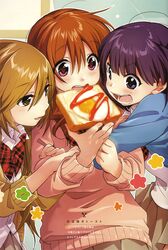  3girls ahoge beige_sweater blue_sweater blush bow bowtie bread bread_slice brown_hair brown_skirt collared_shirt eating egg_(food) food fried_egg hair_between_eyes hand_on_another&#039;s_shoulder highres kawai_makoto ketchup koufuku_graffiti light_brown_hair long_hair long_sleeves looking_at_viewer machiko_ryou morino_kirin multiple_girls open_mouth pink_sweater plaid plaid_bow plaid_bowtie pleated_skirt purple_eyes purple_hair red_bow red_bowtie school_uniform shiina_(koufuku_graffiti) shirt short_hair skirt sweat sweater teeth toast tongue upper_body white_shirt wing_collar 