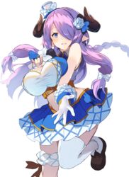  alternate_costume bad_id bad_pixiv_id blue_eyes breasts draph female granblue_fantasy hair_over_one_eye highres horns idol kimi_to_boku_no_mirai large_breasts long_hair looking_at_viewer microphone narmaya_(granblue_fantasy) pointy_ears purple_hair skirt smile solo ultone_(neisiss) 