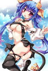  bad_id bad_pixiv_id bare_shoulders black_thighhighs blue_hair breasts choker commentary_request detached_sleeves dizzy_(guilty_gear) female guilty_gear hair_ribbon large_breasts long_hair looking_at_viewer navel no_wings open_mouth red_eyes ribbon solo tail tail_ornament tail_ribbon thighhighs twintails underboob yoroi_nau 