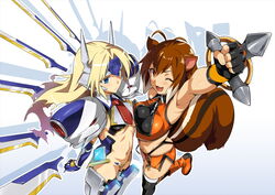  2girls :&lt; ;3 ;d ahoge animal_ears antenna_hair arm_up armor armpits asymmetrical_docking black_gloves black_thighhighs blazblue blazblue:_chronophantasma blonde_hair blue_eyes blush boots breast_press breasts brown_hair buckle clenched_hand cowboy_shot crop_top crotch_plate elbow_gloves fingerless_gloves floating_hair forehead_protector from_above from_side gloves gradient_background knee_boots large_breasts long_hair looking_at_viewer makoto_nanaya mecha_musume mechanical_wings midriff miniskirt mu-12 multicolored_hair multiple_girls navel necktie neon_trim official_art one_eye_closed open_mouth orange_eyes outline raised_fist robot_ears shadow short_hair side_slit skirt sleeveless small_breasts smile squirrel_ears squirrel_girl squirrel_tail standing standing_on_one_leg tail takeda_hiromitsu thighhighs turtleneck two-tone_hair underboob very_long_hair white_background white_hair wings 