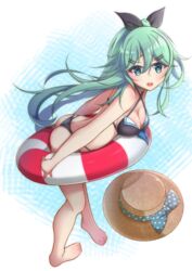  adapted_costume ass barefoot bikini black_bikini breasts cleavage commentary_request female full_body green_eyes green_hair hair_between_eyes hair_ornament hair_ribbon hairclip hat highres innertube kantai_collection long_hair looking_at_viewer myuan_(muumworks) ponytail ribbon small_breasts solo standing swim_ring swimsuit unworn_hat unworn_headwear yamakaze_(kancolle) 