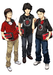  3boys arcade_stick black_hair brown_hair casual clothes_writing commentary_request controller esports esports_apparel game_controller glasses headphones headphones_around_neck headset highres hood hoodie joystick looking_at_viewer mad_catz mago_(gamer) male_focus mole multiple_boys nishiide_kengorou product_placement real_life revision shirt shoes simple_background smile sneakers t-shirt tokido_(gamer) umehara:_to_live_is_to_game umehara_daigo white_background 