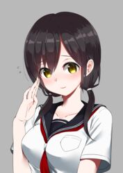  black_hair black_sailor_collar blush breast_pocket breasts closed_mouth collarbone commentary_request female flying_sweatdrops grey_background hair_between_eyes hand_up highres instant_(ioarthus) low_twintails medium_breasts neckerchief nose_blush original pocket red_neckerchief sailor_collar school_uniform serafuku short_sleeves simple_background smile solo twintails upper_body yellow_eyes 