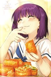  :3 ahoge blouse blue_neckerchief blush closed_eyes closed_mouth female fingernails food food_on_face foodgasm hand_on_own_face hands_up highres holding holding_food inarizushi kawai_makoto koufuku_graffiti morino_kirin neckerchief purple_hair sailor_collar school_uniform serafuku shirt short_hair short_sleeves short_twintails smile solo sushi tearing_up translation_request twintails upper_body white_sailor_collar white_shirt 