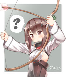  ? alternate_weapon armor arrow_(projectile) blush bow_(weapon) brown_eyes brown_hair commentary_request dated drawing_bow female flat_chest headband headgear holding holding_arrow holding_bow_(weapon) holding_weapon kantai_collection photoshop_(medium) short_hair skirt solo sweatdrop taihou_(kancolle) takasaka_donten weapon you&#039;re_doing_it_wrong 