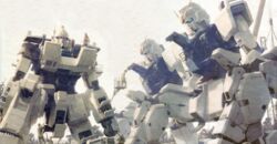  4boys absurdres armor cockpit grey_background ground_gundam gundam gundam_08th_ms_team gundam_ez8 highres joints machinery mecha multiple_boys realistic robot science_fiction simple_background standing 