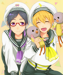  2boys bad_id bad_pixiv_id blonde_hair blush donald_duck_sailor_hat free! hat hazuki_nagisa iwatobi-chan male_focus multiple_boys open_mouth photoshop_(medium) purple_eyes ryuugazaki_rei sailor sailor_hat smile tomo_(2083784) 