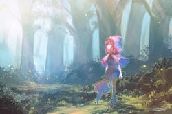  bad_id bad_pixiv_id black_dress boots breasts brown_hair cloak dress female forest hood hooded_cloak kaho_(momodora) leaf maple_leaf medium_breasts momodora:_reverie_under_the_moonlight nature outdoors solo tamago_tomato tree 