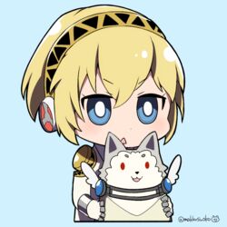  1boy aegis_(persona) android blonde_hair blue_eyes canine female koromaru persona persona_3 short_hair 