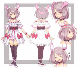  :d ^_^ anger_vein bare_shoulders black_choker black_legwear blush bow brown_hair choker closed_eyes closed_mouth collarbone commentary_request doonatsu. dress female hair_ornament head_tilt highres mirai_akari&#039;s_new_virtual_youtuber_illustration_contest multiple_views off-shoulder_dress off_shoulder open_mouth purple_eyes red_bow red_eyes red_ribbon reference_sheet ribbon round_teeth shoes smile tears teeth thighhighs translation_request two_side_up upper_teeth_only virtual_youtuber wavy_mouth white_dress white_footwear 