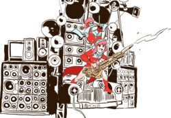  &gt;:d :d female flamethrower guitar instrument jakuzure_nonon kill_la_kill mad_max mad_max:_fury_road open_mouth parody pink_hair shako_cap simple_background smile symphony_regalia the_doof_warrior uniform weapon 