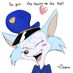  1:1 anthro arctic_fox blush canid canine carmen_(patrol_03) closed_eyes clothing dawmino dialogue digital_media_(artwork) english_text fox hat headgear headwear heart_symbol hi_res laugh mammal patrol_03 police police_officer smile solo teeth text tongue true_fox 