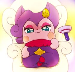  anthro biped blush blush_stickers clothed clothing cocotama eyelashes female hair half-closed_eyes hi_res himitsu_no_cocotama looking_at_viewer mammal narrowed_eyes purple_hair sakaeguchi_okarina semi-anthro sitting solo tama-shine 