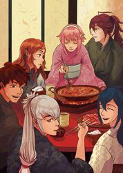  3boys 3girls beef blue_hair eating fire_emblem fire_emblem_if food grill hakama highres hinata_(fire_emblem_if) indoors japanese_clothes kazahana_(fire_emblem_if) kimono multiple_boys multiple_girls oboro_(fire_emblem_if) oboro_(kantai_collection) pink_hair red_eyes red_hair sakura_(fire_emblem_if) smile takumi_(fire_emblem_if) tsubaki_(fire_emblem_if) 