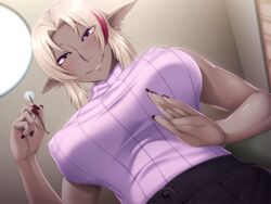  blush breasts covered_nipples dark-skinned_female dark_elf dark_skin elf female game_cg haha_ga_dark_elf_ni_natte_isekai_kara_modottekita. housewife lap_pillow_invitation lap_pov long_hair looking_at_viewer mature_female mimikaki misaki_forrest motherly oohara_kyuutarou pointy_ears pov purple_eyes ribbed_sweater smile solo sweater sweater_vest turtleneck white_hair 