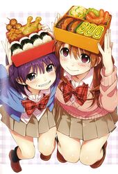  2girls bento binding_discoloration black_socks blue_jacket blush bow bowtie breasts brown_footwear brown_hair brown_skirt buttons checkered_background chicken_(food) collared_shirt fingernails food food_request fried_chicken full_body grin hair_between_eyes highres holding jacket kawai_makoto kneehighs koufuku_graffiti leaning_forward loafers long_hair long_sleeves looking_at_viewer machiko_ryou medium_breasts morino_kirin multiple_girls omelet onigiri open_clothes open_jacket pink_hair plaid plaid_bow pleated_skirt purple_eyes purple_hair red_bow red_bowtie sausage shirt shoes skewer skirt smile socks sushi tamagoyaki teeth white_shirt wing_collar 