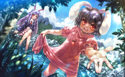  2girls animal_ears black_hair blue_sky carrot carrot_necklace cloud commentary_request dappled_sunlight day dress extra_ears highres inaba_tewi jewelry long_hair long_sleeves misaki_(kyal_001) multiple_girls necklace necktie open_mouth outstretched_arm outstretched_hand pendant photoshop_(medium) pink_skirt pond puffy_sleeves purple_hair rabbit_ears red_eyes red_necktie reisen_udongein_inaba rock shirt short_hair short_sleeves sitting sitting_on_rock skirt skirt_hold sky smile sunlight touhou tree very_long_hair wading water 