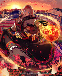  bad_id bad_pixiv_id bag belt belt_pouch black_capelet black_footwear black_gloves blue_eyes boots breasts capelet cityscape commentary_request dated dress female flower gloves hair_ornament handbag headband kyousin long_dress long_hair looking_at_viewer lord_of_knights medium_breasts official_art open_mouth orange_sky orb outdoors petals photoshop_(medium) potion pouch red_headband rooftop skirt_hold sky smile solo standing sunset twilight watermark 