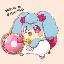  1:1 2018 anthro blush blush_stickers canid canine cocotama drum female flower himitsu_no_cocotama kanna_(cocotama) looking_at_viewer mammal musical_instrument open_mouth percussion_instrument pink_background plant purple_eyes sakaeguchi_okarina semi-anthro signature simple_background solo tongue 