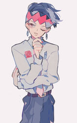  1boy ;d belt black_hair commentary_request diamond_wa_kudakenai earrings hand_on_own_chin head_tilt headband jewelry jojo_no_kimyou_na_bouken kishibe_rohan long_sleeves looking_at_viewer male_focus necktie one_eye_closed open_mouth parted_lips photoshop_(medium) pikaro pocket red_eyes smile solo standing 