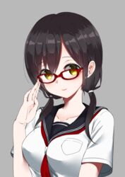  adjusting_eyewear black_hair black_sailor_collar breast_pocket breasts closed_mouth collarbone commentary_request female glasses grey_background hair_between_eyes hand_up highres instant_(ioarthus) low_twintails medium_breasts neckerchief original pocket red-framed_eyewear red_neckerchief sailor_collar school_uniform serafuku short_sleeves simple_background smile solo twintails yellow_eyes 