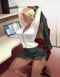  arms_behind_head bad_id bad_pixiv_id blonde_hair breasts business_suit button_gap collared_shirt dark-skinned_female dark_skin eyes_visible_through_hair female formal high_heels highres jacket jewelry large_breasts lips looking_at_viewer miniskirt necklace office_lady oohara_kyuutarou original pencil_skirt pinstripe_pattern pinstripe_suit shirt shirt_tucked_in short_hair skirt skirt_suit smile solo striped suit unworn_jacket 