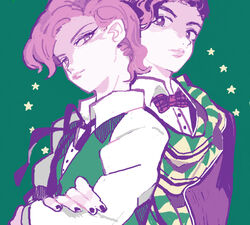  2boys alternate_eye_color alternate_hair_color alternate_hairstyle black_hair bow bowtie commentary_request dio_brando green_background jojo_no_kimyou_na_bouken jonathan_joestar lipstick makeup male_focus multiple_boys nail_polish official_alternate_costume phantom_blood photoshop_(medium) pikaro pink_hair scarf simple_background star_(symbol) upper_body 