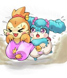  &gt;_&lt; anthro avian blue_body blue_fur blush blush_stickers bodily_fluids canid canine closed_eyes clothed clothing clothing_pull cocotama duo feathers female fur himitsu_no_cocotama kanna_(cocotama) mammal motion_lines nosen open_mouth orange_body orange_feathers purple_eyes running semi-anthro suei_(cocotama) sweat tongue 